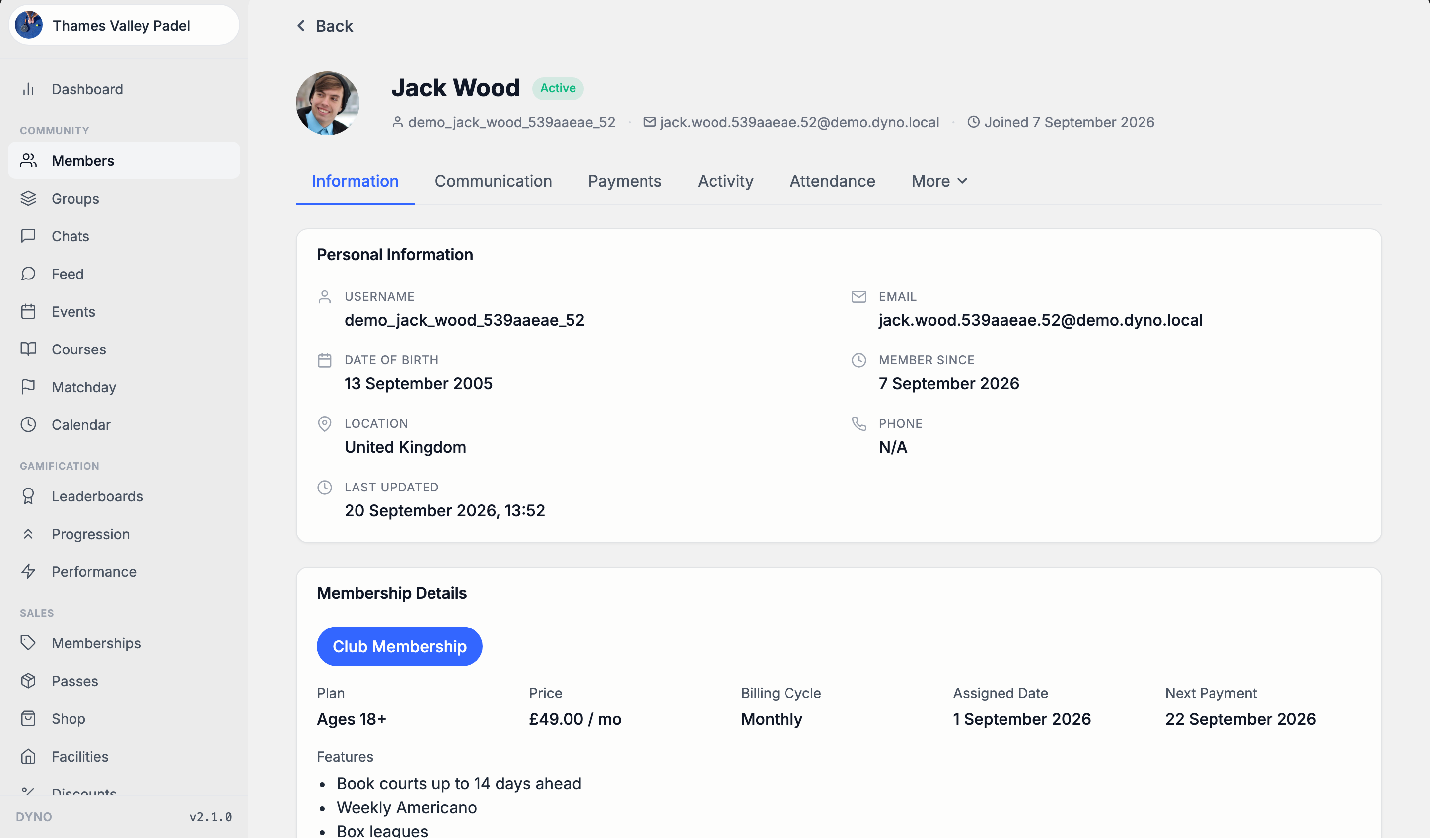 A member page showing Membership Details with the plan, price, billing cycle, assigned date and next payment
