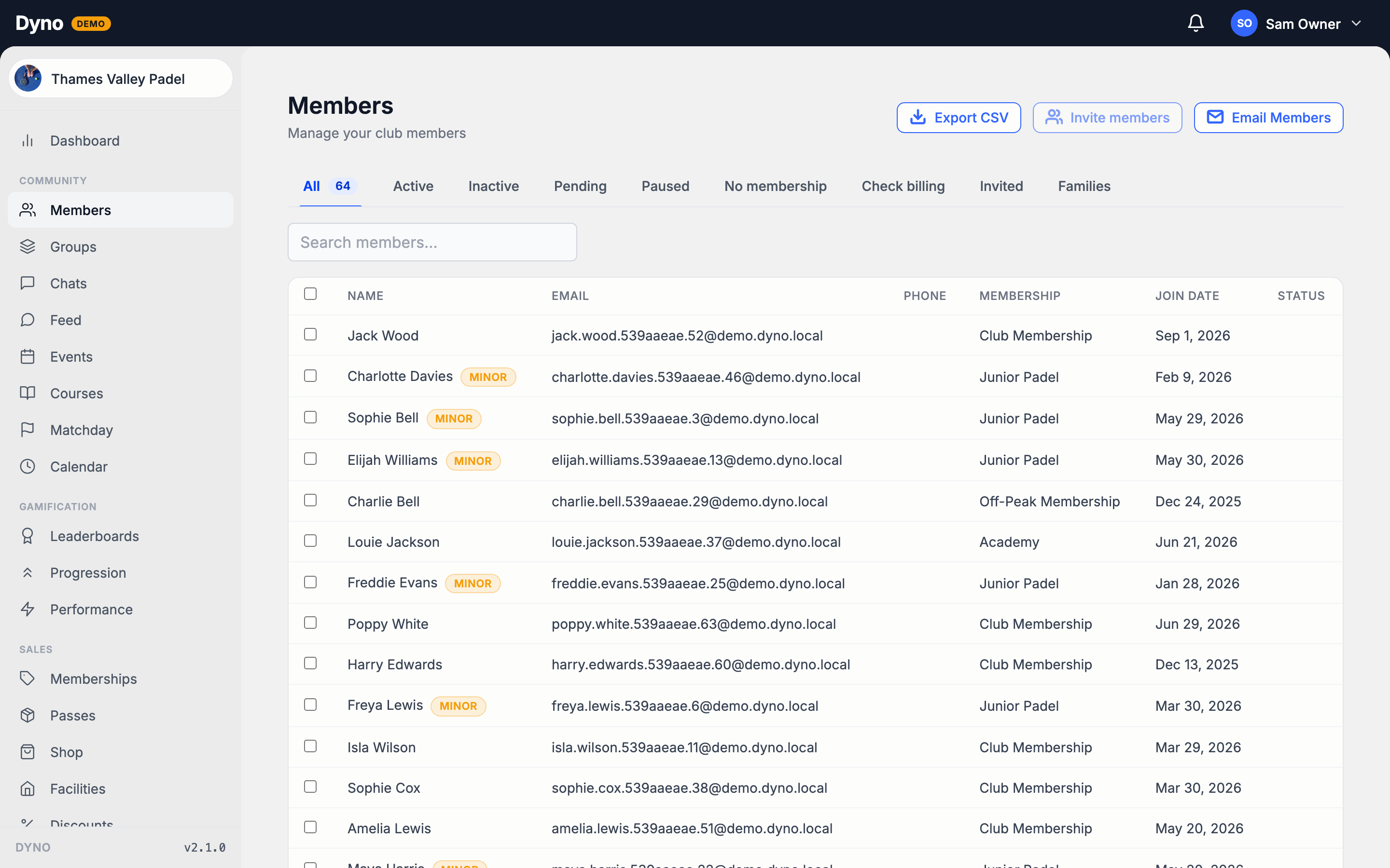 The Members page with the status tabs, the search box and the member table