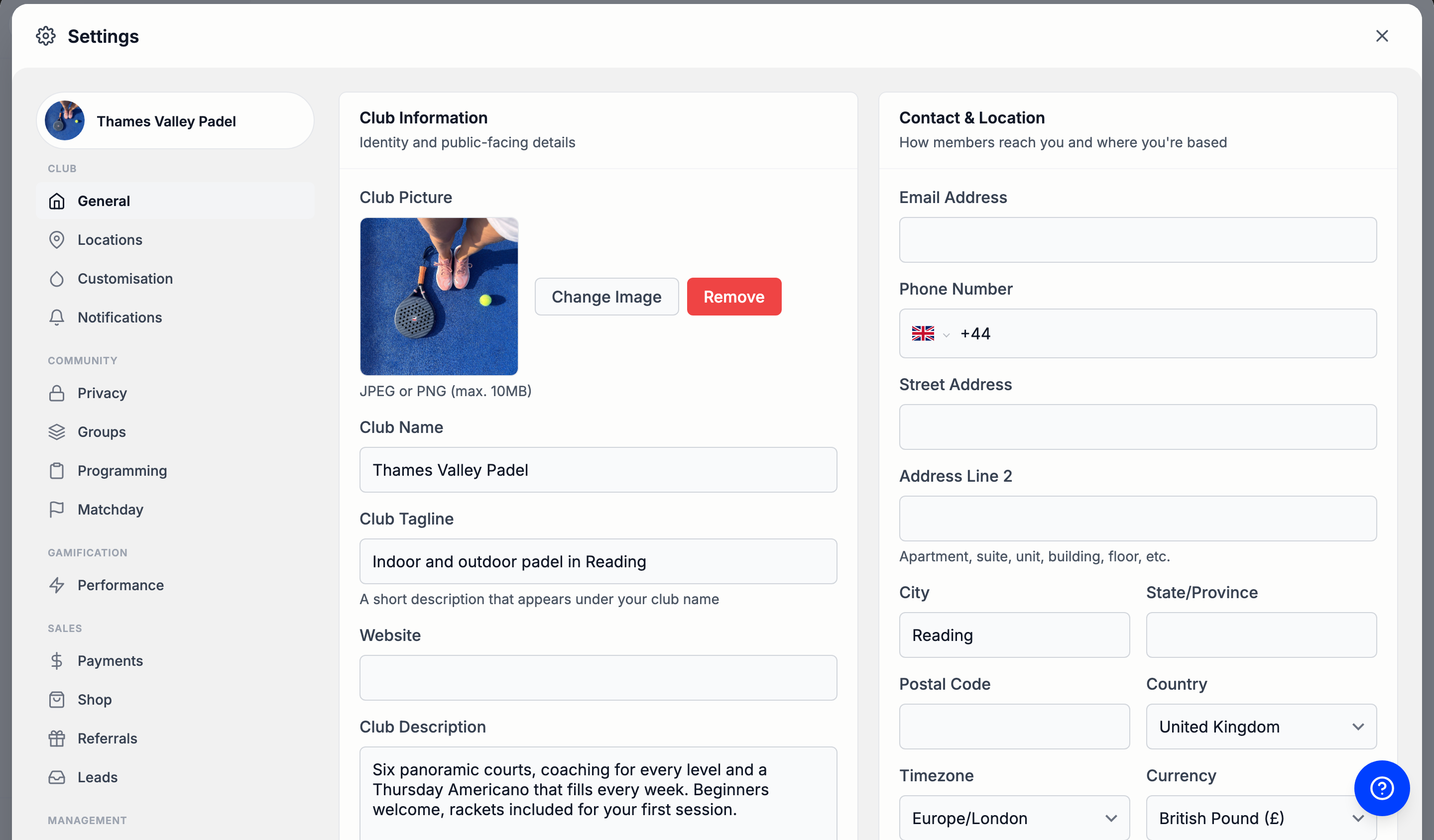 Settings on the General tab, showing the club picture, club name, tagline, contact details, timezone and currency