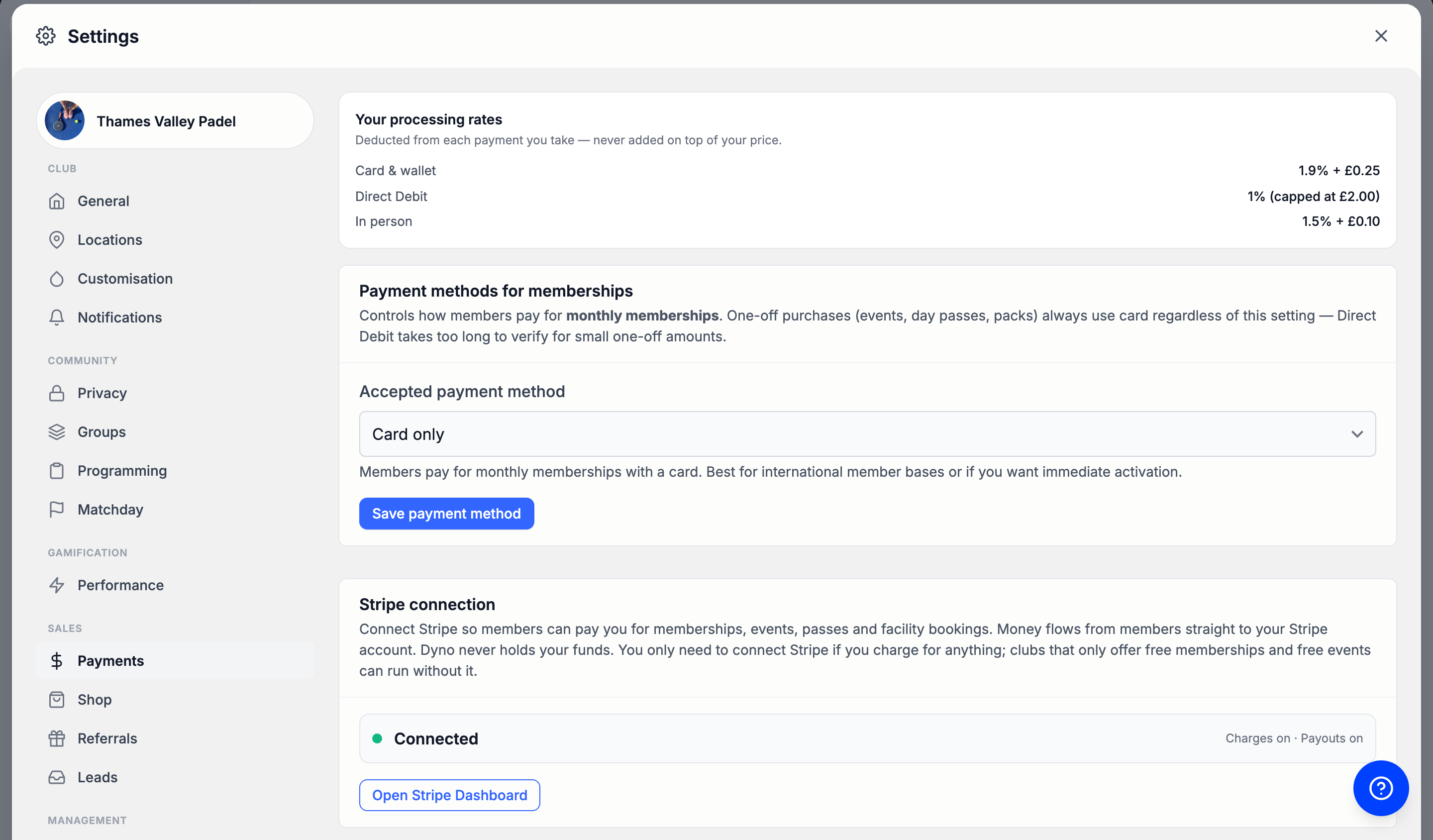 The Payments section of Settings, showing the processing rates, the accepted payment method dropdown and the Stripe connection status